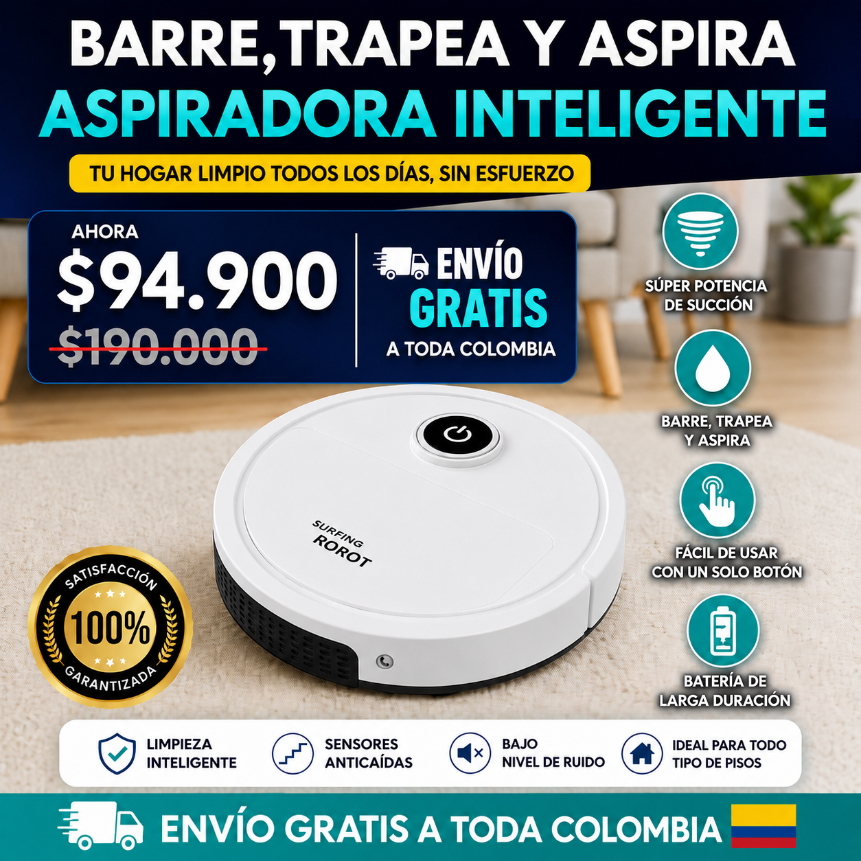 🏠Aspiradora Inteligente que Barre, Trapea y Aspira por Ti🚀 La Aspiradora Inteligente Más Vendida en Colombia