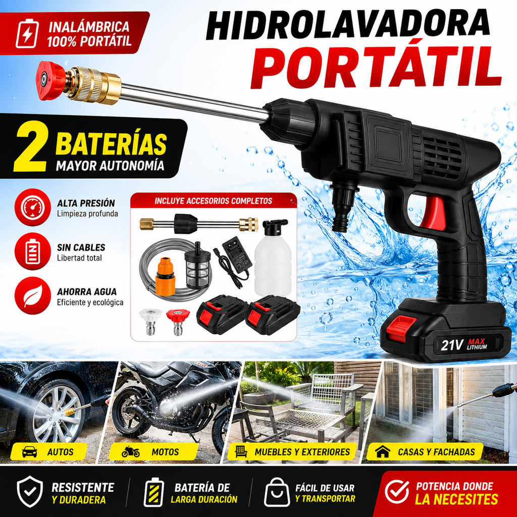 💦Hidrolavadora Alta Presion Inalambrica 💦$94.999 cop.  😱  🔥🔥65% de descuento en tu segunda compra. 2 por solo $139.999 cop..  🔥   🔥  solo hoy🔥 ¡Unidades limitadas! ¡No te pierdas esta gran promoción!