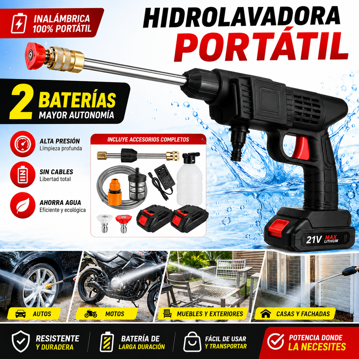 💦Hidrolavadora Alta Presion Inalambrica 💦$94.999 cop.  😱  🔥🔥65% de descuento en tu segunda compra. 2 por solo $139.999 cop..  🔥   🔥  solo hoy🔥 ¡Unidades limitadas! ¡No te pierdas esta gran promoción!
