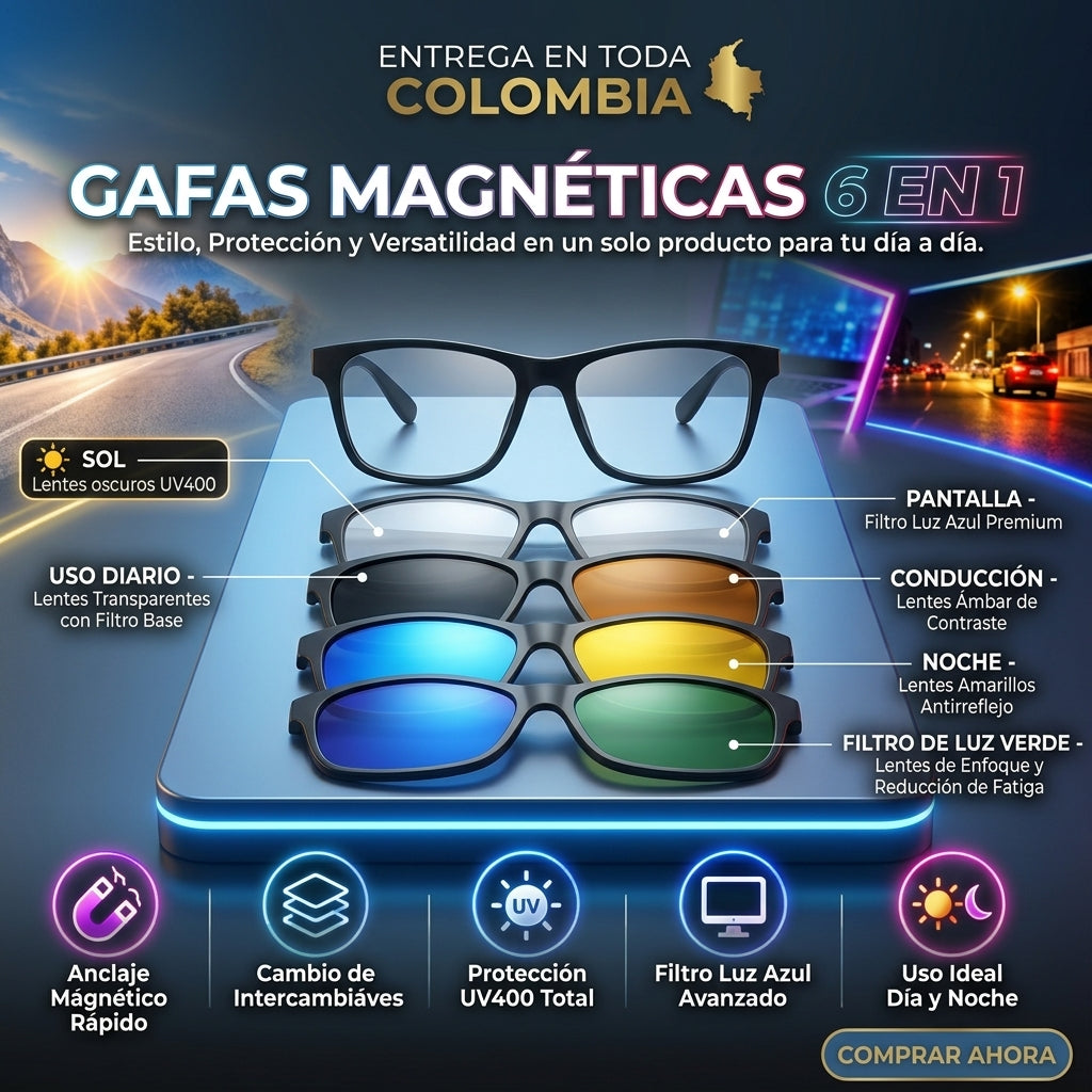 ¡Deja de gastar dinero en varios lentes! 👓😎   6 en 1  cambia de estilo en segundos con una sola montura magnética.