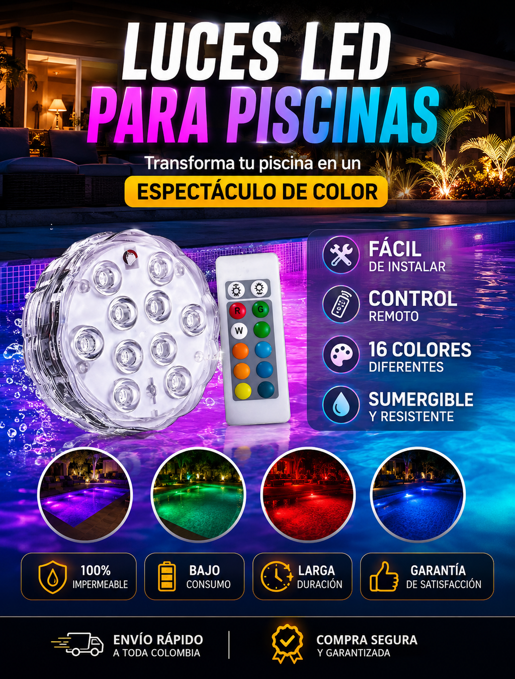 Kit de iluminación RGB para piscinas - Inalámbrico con control remoto