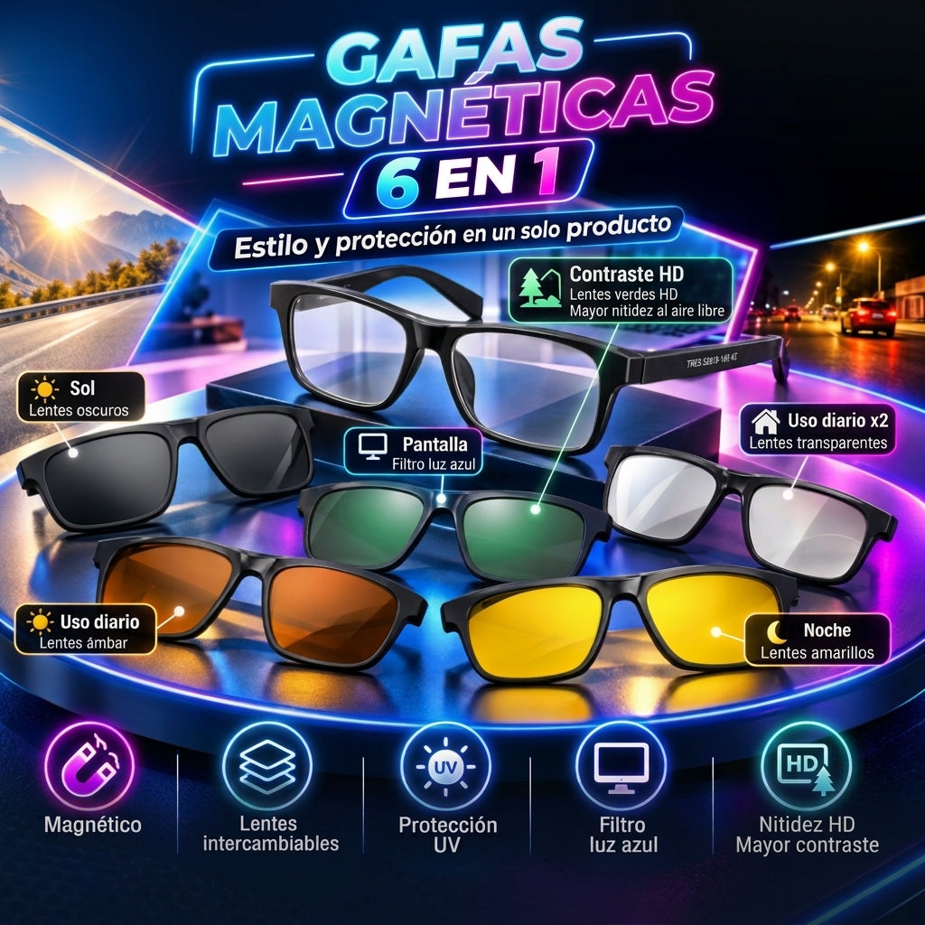 ¡Deja de gastar dinero en varios lentes! 👓😎   6 en 1  cambia de estilo en segundos con una sola montura magnética.